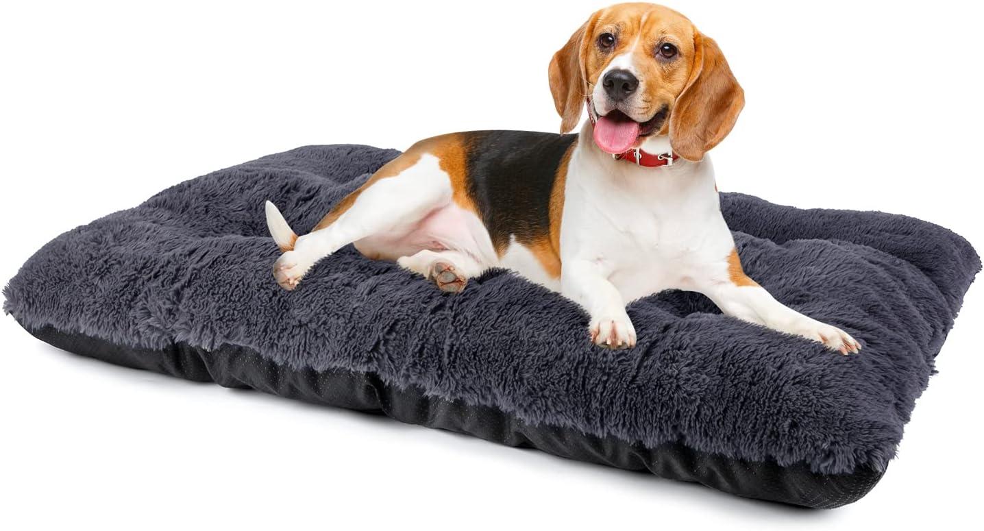 imageJOEJOY Large Dog Bed Crate Pad Deluxe Plush Washable Dog Beds Fulffy Soft Kennel Pad AntiSlip Pet Sleeping Mat for Large Medium Small Dogs 35quot x 21quot GreyDark Grey