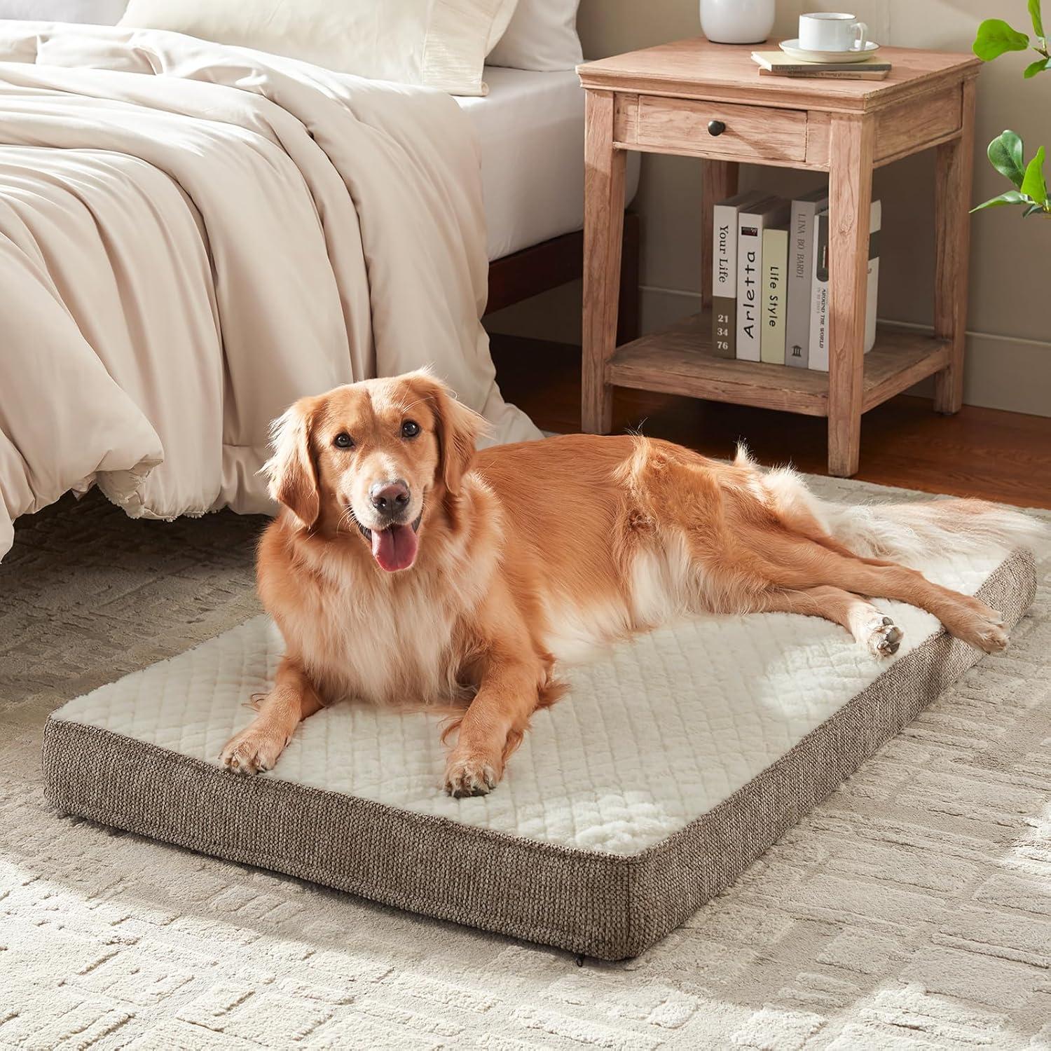 imageJOEJOY Orthopedic Dog Bed for Extra Large Dogs Washable Dog Crate Bed Large Sized with Removable Cover Egg Memory Foam Big Pet Beds Brown 47quotx29quotBeige