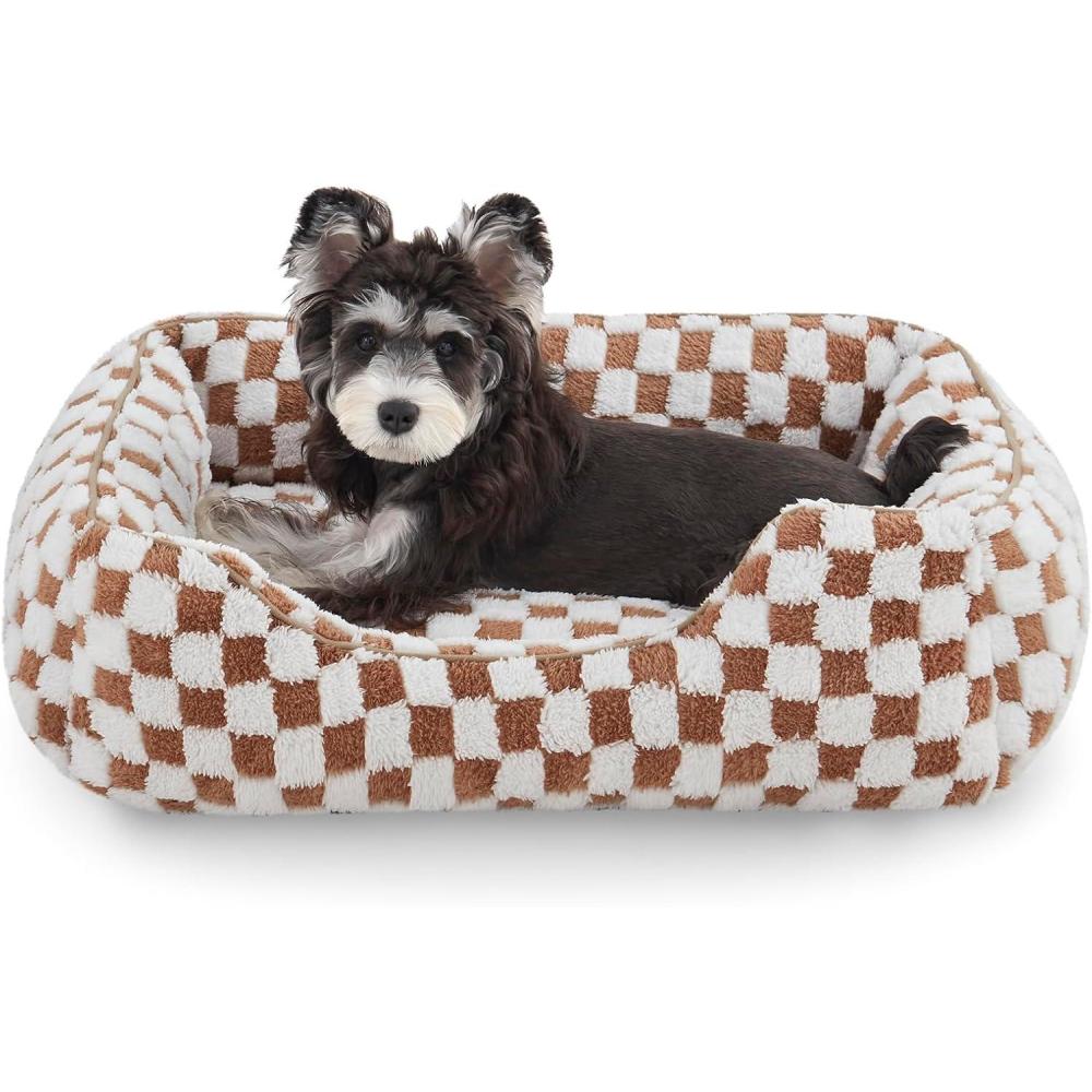 imageJOEJOY Dog Beds for Small Dogs Cute Cat Beds for Indoor Cats Calming Pet Beds Rectangle Orthopedic Cuddle Puppy Bed with Jacquard Shaggy Plush ampamp Anti Slip Bottom 20x19x6inches GreyBrown