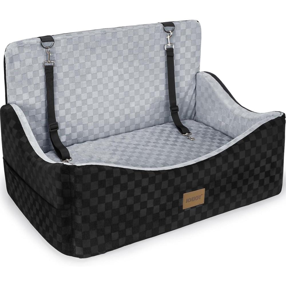 imageJOEJOY Dog Car Seat for MediumLarge Dogs  Reversible DualSided Travel Dog Car Bed with Memory Foam Washable Pet Booster Seat for Dogs up to 55 lbs or 2 Small Dogs 2 Safety Leashes BlackGrey