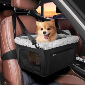 JOEJOY Deluxe Dog Booster Seat with Sturdy Metal Frame and Safety Leash for Small Pets up to 20 lbs – Portable Puppy Dog Car Seat with Thick Cushion and Storage Pockets for Small Dogs(Black)