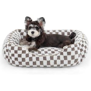 JOEJOY Dog Beds for Small Dogs -Cute Cat Beds for Indoor Cats Calming Pet Beds, Rectangle Orthopedic Cuddle Puppy Bed with Jacquard Shaggy Plush & Anti Slip Bottom, 20x19x6inches, Grey(Coffee)
