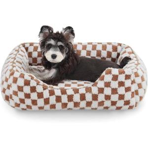 JOEJOY Dog Beds for Small Dogs -Cute Cat Beds for Indoor Cats Calming Pet Beds, Rectangle Orthopedic Cuddle Puppy Bed with Jacquard Shaggy Plush & Anti Slip Bottom, 20x19x6inches, Grey(Brown)
