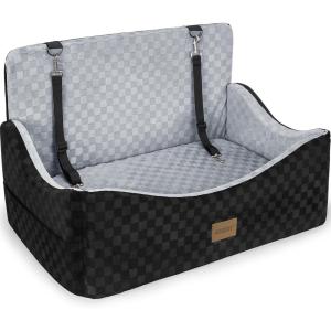 JOEJOY Dog Car Seat for Medium/Large Dogs – Reversible Dual-Sided Travel Dog Car Bed with Memory Foam, Washable Pet Booster Seat for Dogs up to 55 lbs or 2 Small Dogs, 2 Safety Leashes, Black(Grey)