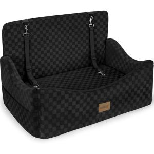 JOEJOY Dog Car Seat for Medium/Large Dogs – Reversible Dual-Sided Travel Dog Car Bed with Memory Foam, Washable Pet Booster Seat for Dogs up to 55 lbs or 2 Small Dogs, 2 Safety Leashes, Black(Black)