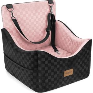 JOEJOY Elevated Dog Car Seat for Small/Medium Dogs up to 35 lbs, Memory Foam Booster Seat with Detachable Washable Cover, Travel-Safe Car Bed with Safety Belts & Storage Pockets, Dark Grey(Pink)