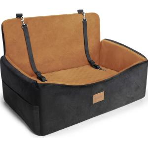 JOEJOY Dog Car Seat for Large Medium Sized Dogs Under 55 lbs, Dog Booster Seat for 2 Small Dogs with Detachable Washable Cover, Memory Foam Pet Car Seat with 2 Safety Belts and Storage Pockets(Brown)