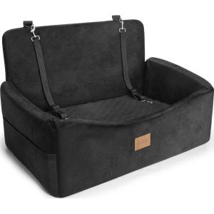 JOEJOY Dog Car Seat for Large Medium Sized Dogs Under 55 lbs, Dog Booster Seat for 2 Small Dogs with Detachable Washable Cover, Memory Foam Pet Car Seat with 2 Safety Belts and Storage Pockets(Black)