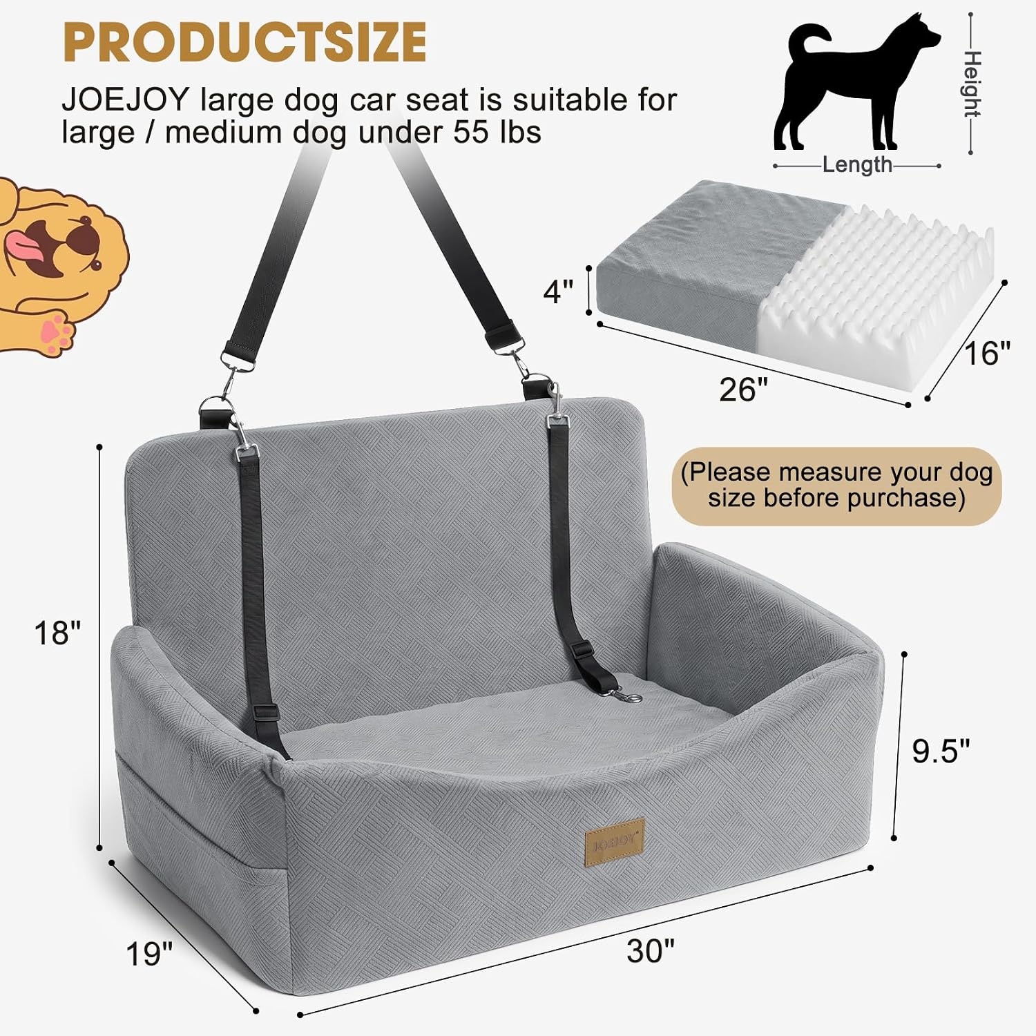 image:imageJOEJOY Dog Car Seats for Small Medium Dogs Under 35lbs Dog Booster Seat with Detachable Washable Cover and Cushion Memory Foam Pet Car Seat with Safety Belt and Storage Pockets BPLight Grey
