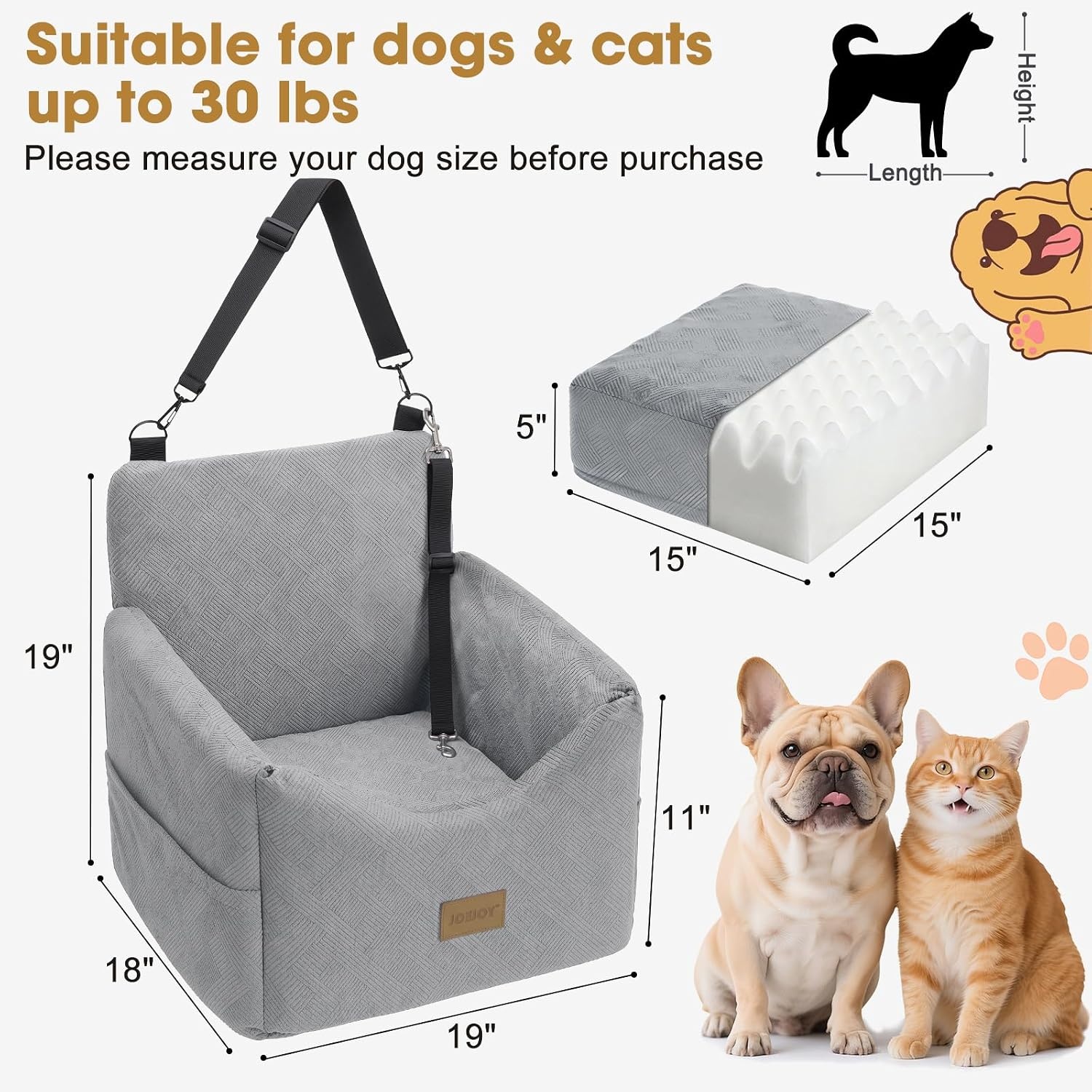 image:imageJOEJOY Dog Car Seats for Small Medium Dogs Under 35lbs Dog Booster Seat with Detachable Washable Cover and Cushion Memory Foam Pet Car Seat with Safety Belt and Storage Pockets BPLight Grey