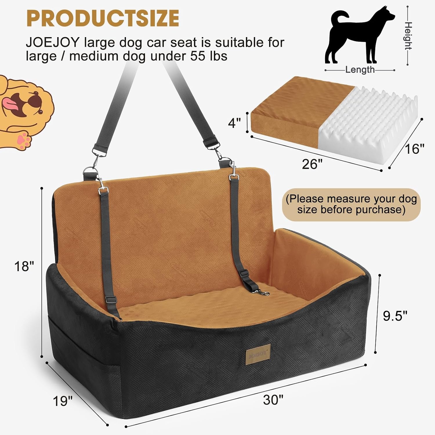 image:imageJOEJOY Dog Car Seats for Small Medium Dogs Under 35lbs Dog Booster Seat with Detachable Washable Cover and Cushion Memory Foam Pet Car Seat with Safety Belt and Storage Pockets BPBrown