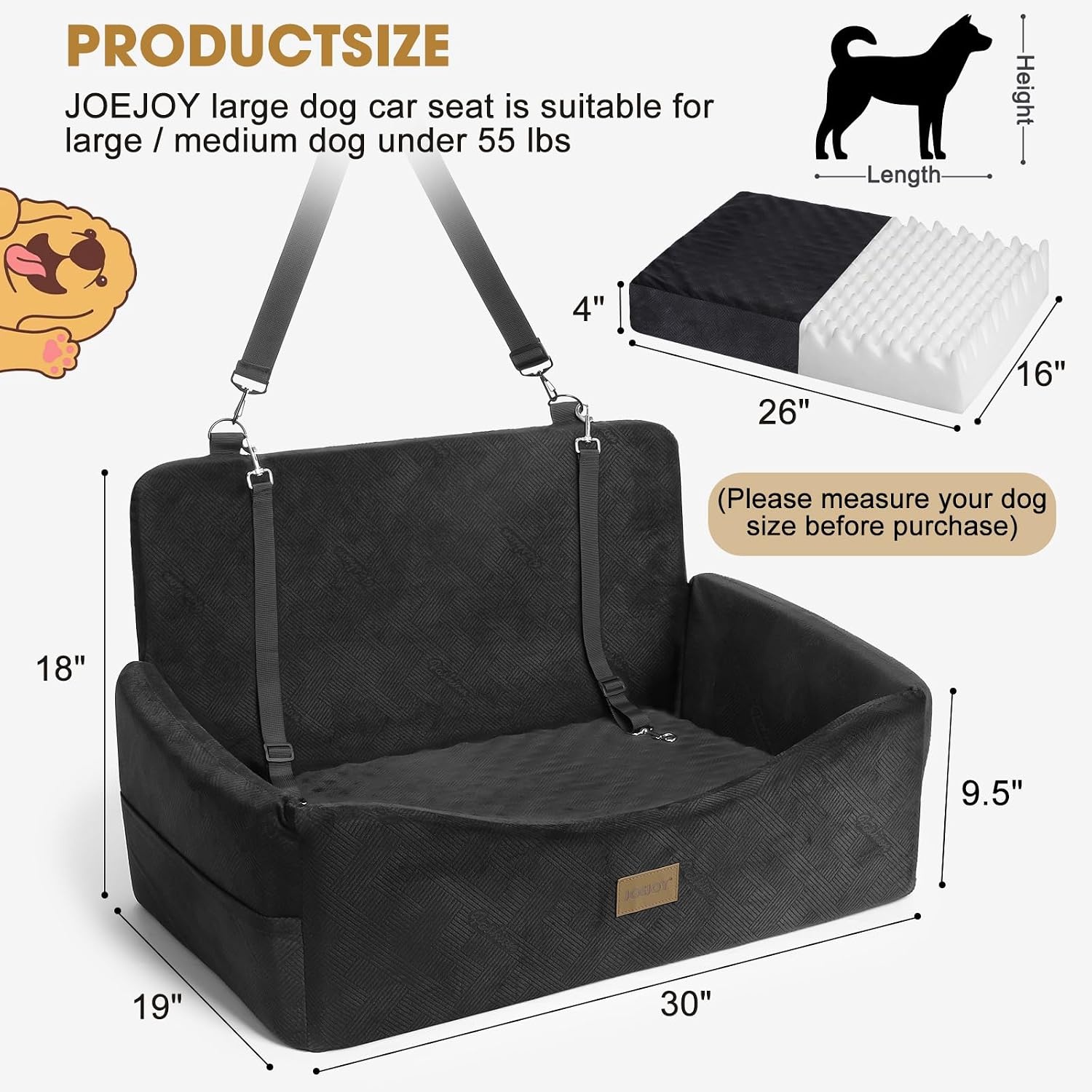 image:imageJOEJOY Dog Car Seats for Small Medium Dogs Under 35lbs Dog Booster Seat with Detachable Washable Cover and Cushion Memory Foam Pet Car Seat with Safety Belt and Storage Pockets BPBlack