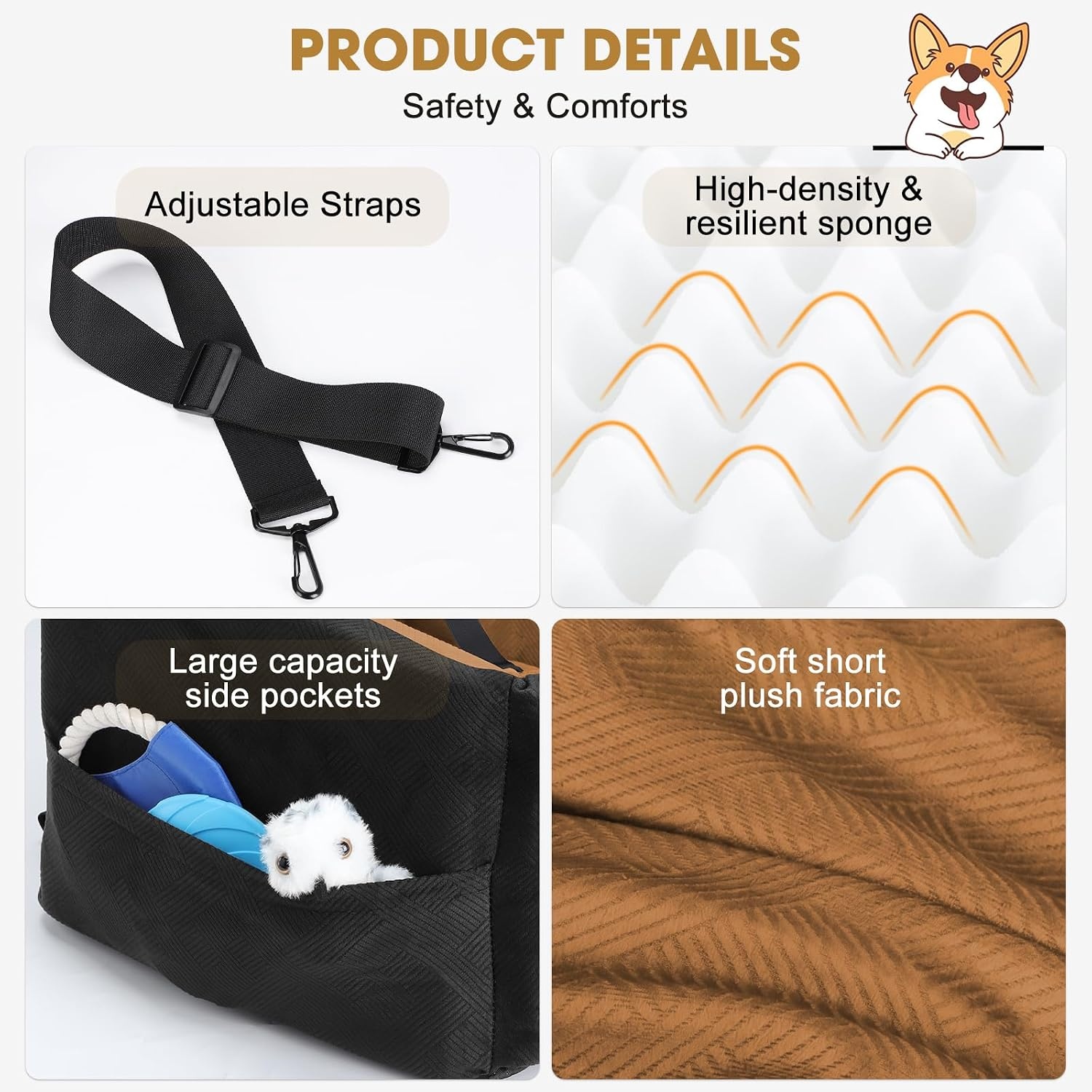 image:imageJOEJOY Dog Car Seats for Small Medium Dogs Under 35lbs Dog Booster Seat with Detachable Washable Cover and Cushion Memory Foam Pet Car Seat with Safety Belt and Storage Pockets BPBrown