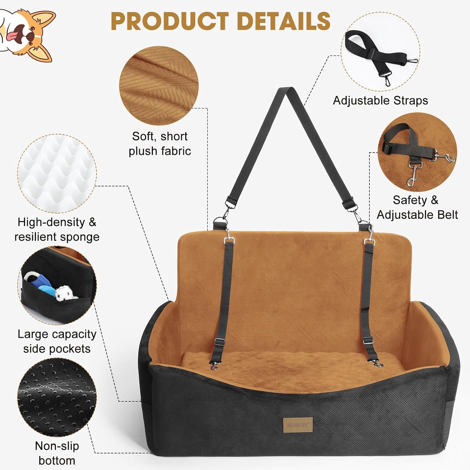 image:imageJOEJOY Dog Car Seats for Small Medium Dogs Under 35lbs Dog Booster Seat with Detachable Washable Cover and Cushion Memory Foam Pet Car Seat with Safety Belt and Storage Pockets BPBrown