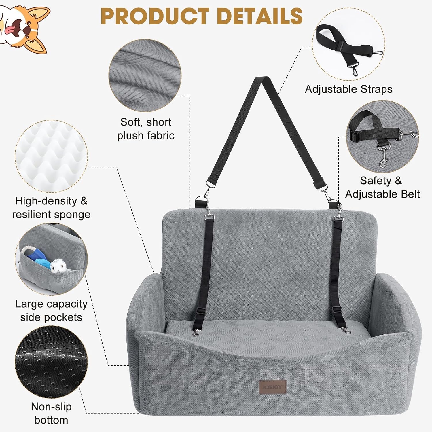 image:imageJOEJOY Dog Car Seats for Small Medium Dogs Under 35lbs Dog Booster Seat with Detachable Washable Cover and Cushion Memory Foam Pet Car Seat with Safety Belt and Storage Pockets BPLight Grey
