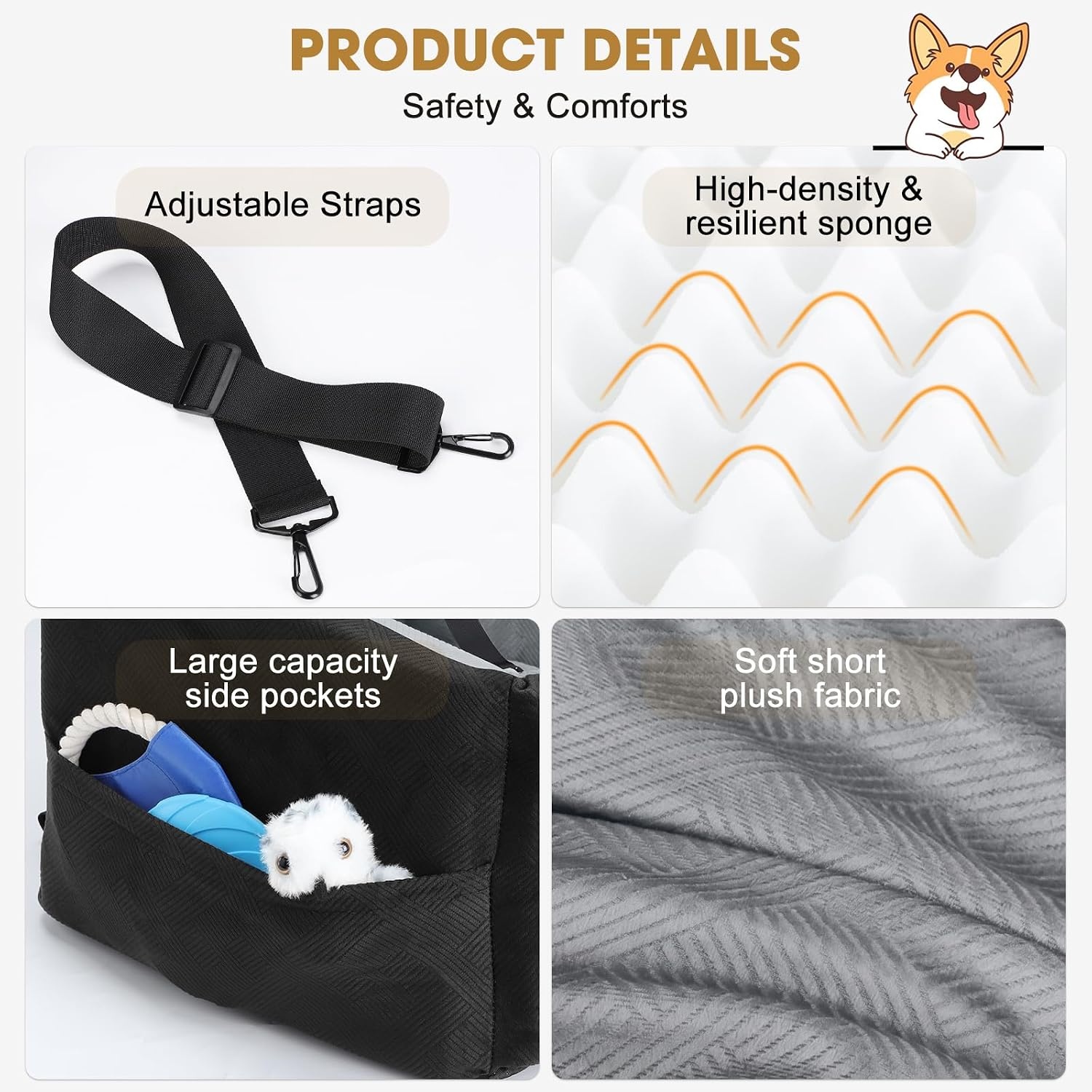 image:imageJOEJOY Dog Car Seats for Small Medium Dogs Under 35lbs Dog Booster Seat with Detachable Washable Cover and Cushion Memory Foam Pet Car Seat with Safety Belt and Storage Pockets BPBlack Light Grey