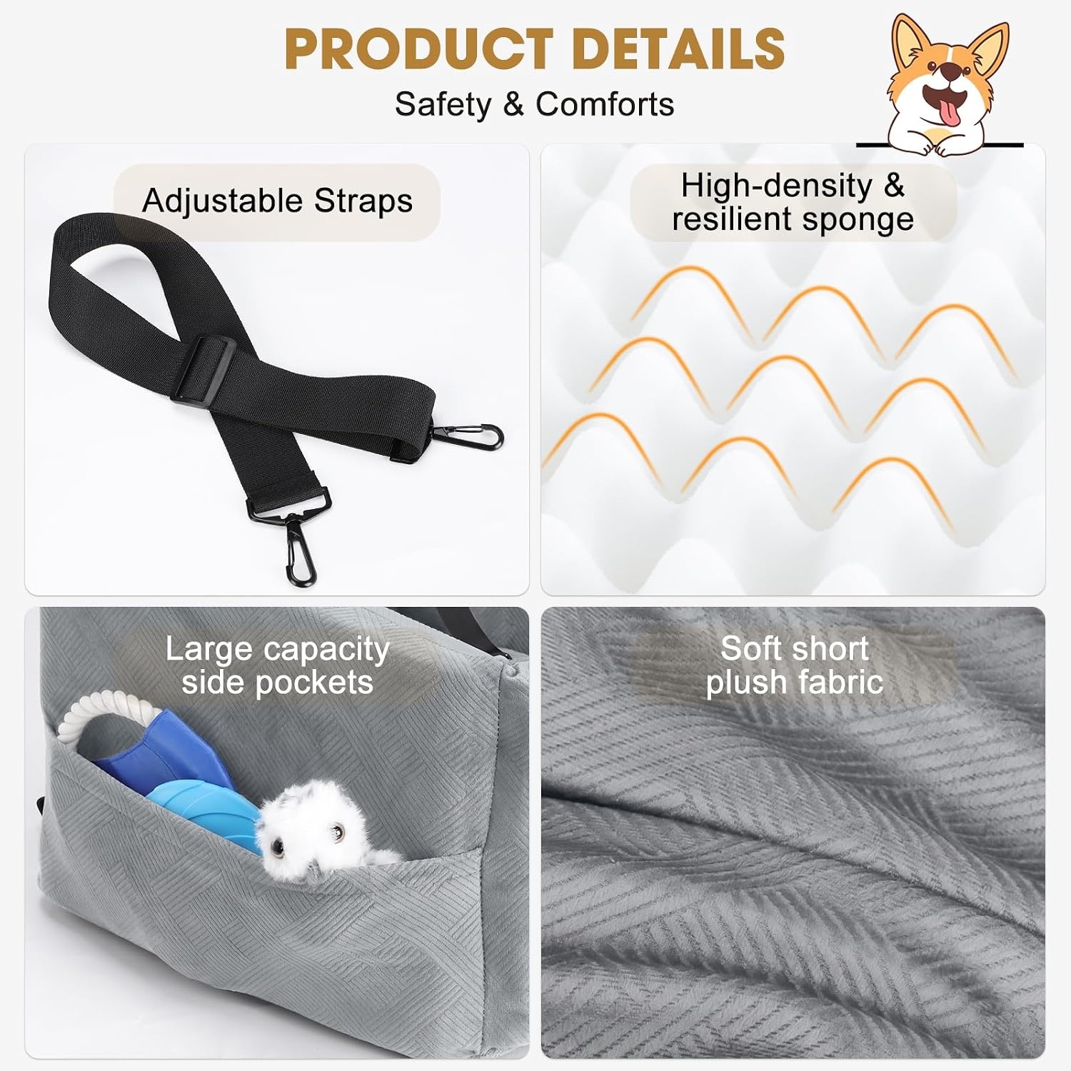 image:imageJOEJOY Dog Car Seats for Small Medium Dogs Under 35lbs Dog Booster Seat with Detachable Washable Cover and Cushion Memory Foam Pet Car Seat with Safety Belt and Storage Pockets BPLight Grey