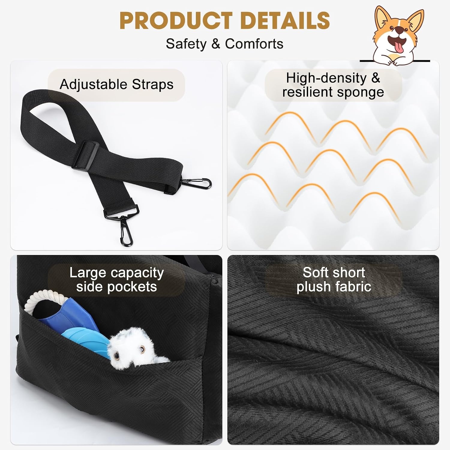 image:imageJOEJOY Dog Car Seats for Small Medium Dogs Under 35lbs Dog Booster Seat with Detachable Washable Cover and Cushion Memory Foam Pet Car Seat with Safety Belt and Storage Pockets BPBlack